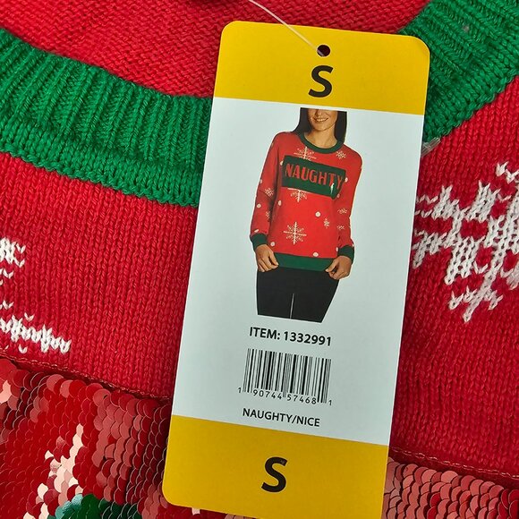 To Be Jolly New Naughty Nice Reversible Sequin Ugly Knit Red Christmas Sweater - Picture 9 of 11